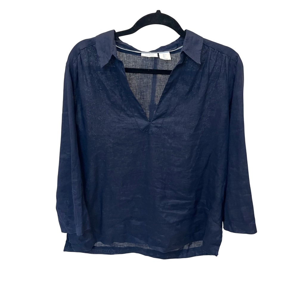 Sigrid Olsen Navy Blue 100% Linen V-Neck Blouse Top Womens Large Coastal
